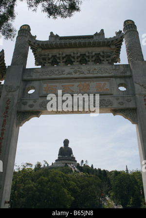 Gigantesca statua del Buddha e arco Monastero Po Lin Lantau Island Hong Kong Aprile 2008 Foto Stock