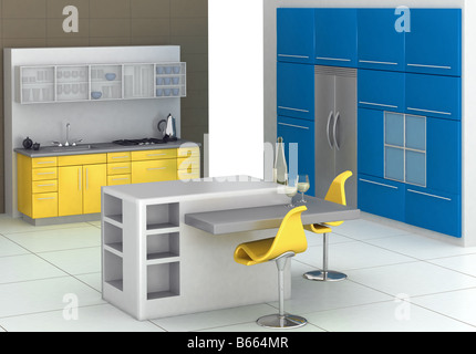 Cucina moderna con un'isola in blu e giallo Foto Stock