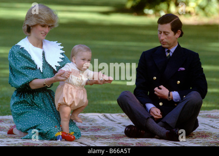 La principessa Diana il principe William e il Principe Carlo in posa sul prato del governo House, Auckland, Nuova Zelanda Foto Stock