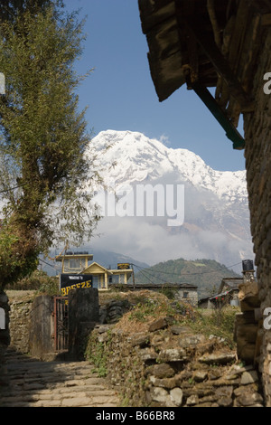 Annapurna South Mountain e un percorso dal villaggio di Ghandruk nei modi valle fluviale nella catena Hannapurna, Himalaya, Nepal Foto Stock