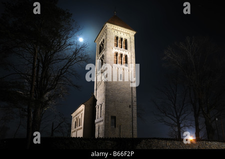 Il romanico del XII secolo la chiesa di San James nel villaggio di Jakub di notte con luna splendente. Foto Stock