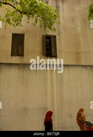 Finestre con persiane al primo piano del vecchio edificio rustico di Singapore Foto Stock