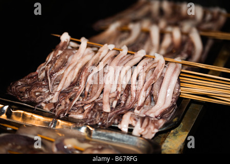 Frutti di mare su spiedini in stallo del mercato, Nanjing, provincia dello Jiangsu, Cina Foto Stock