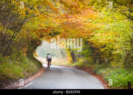 Ciclista con colore di autunno a zig zag, Box Hill Surrey in Inghilterra Foto Stock