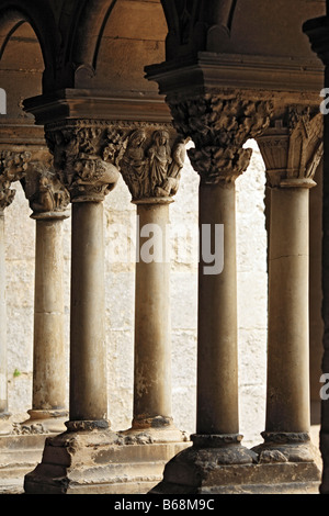 Pietra scultura romanica, chiostro Abbazia di Montmajour (12 secolo), vicino a Arles, Provenza, Francia Foto Stock