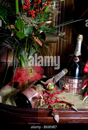 Due bottiglie di Champagne e le decorazioni di Natale Foto Stock