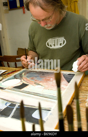 Acquerello artista al lavoro Foto Stock