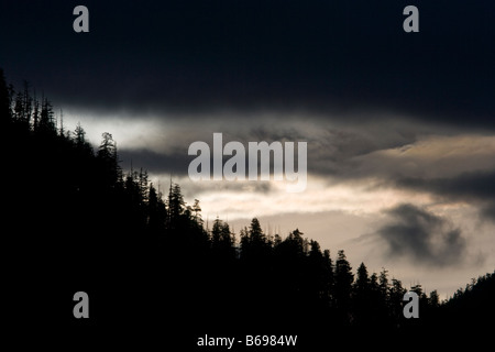 Stati Uniti d'America Alaska Misty Fjords National Monument impostazione sole illumina le nuvole sopra la foresta pluviale lungo Rudyerd baia vicino a conca Cove Foto Stock