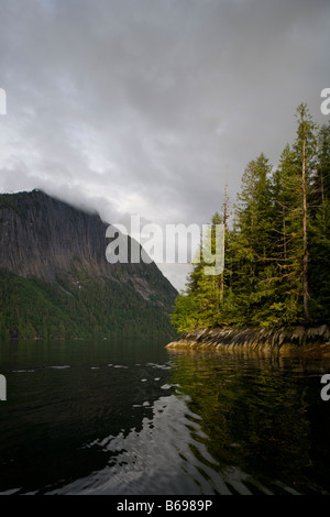 Stati Uniti d'America Alaska Misty Fjords National Monument impostazione sole illumina la foresta pluviale lungo Rudyerd baia vicino a conca Cove Foto Stock