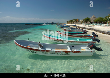 Messico, Puerto Morelos. Quintana Roo. Pelican poggiante su imbarcazioni da pesca. Foto Stock