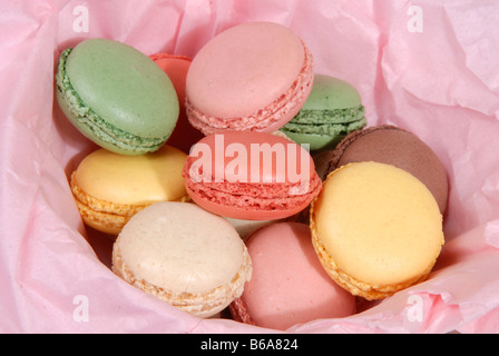 Una selezione di amaretti con vari ripieni (vaniglia, fragola, lampone, limone, cioccolato e pistacchio) Foto Stock