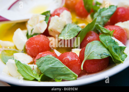 Pomodoro e mozzarella con insalata di foglie di basilico Foto Stock