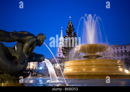 Le Fontane e l albero di Natale a Trafalgar Square a Londra Foto Stock