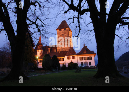 Castello di Spiez e grandi alberi Oberland Bernese svizzera Foto Stock