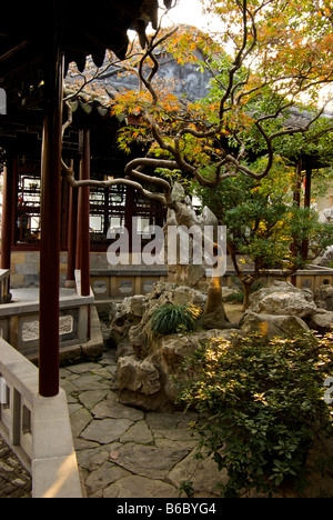 Struttura sagomata circondata da rocce naturali in un cortile interno al Master di reti Giardino Wang Shi Yuan risalente all annuncio 1144 Foto Stock