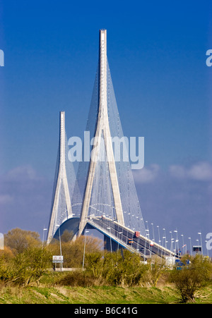 Pont de Normandie ponte di sospensione oltre la Senna a Le Harve, Normandia, Francia Foto Stock