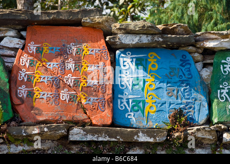 Pietre di preghiera su di una parete di Mani vicino Rinchenpong, Sikkim, India Foto Stock