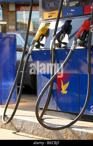 Stazione di gas pompe con vari gradi di carburante. Foto Stock