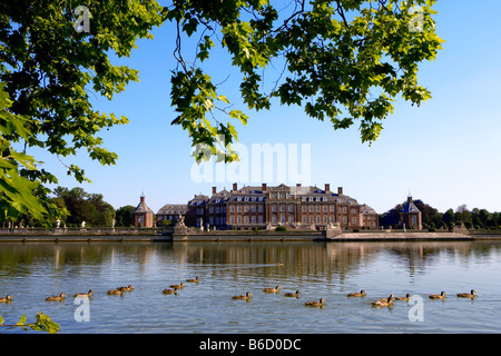 Anatre in stagno con moated il castello in background, Coesfeld, Munster, Renania settentrionale-Vestfalia, Germania Foto Stock