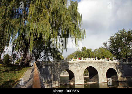 Gli alberi di salice e ponte nel Parco Beihai Pechino CINA Foto Stock