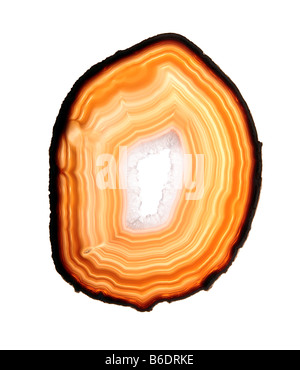 Fetta di agata. Agata è un aggregato di diverse forme di silice che sono formate bande concentriche entro un geode. Foto Stock