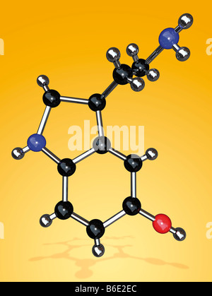 Molecola di serotonina. Il modello molecolare di theneurotransmitter (nervo segnalazione)chimica di serotonina (5-idrossitriptamina) Foto Stock