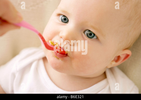 Baby girl essendo spoon-fed Foto Stock