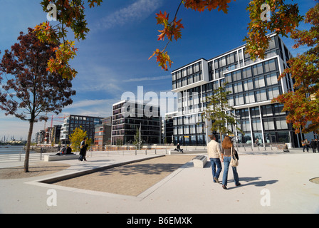 Il Marco-Polo-terrazze, Grosser Grasbrook e Kaiserkai (quay) in HafenCity ad Amburgo, Germania, Europa Foto Stock