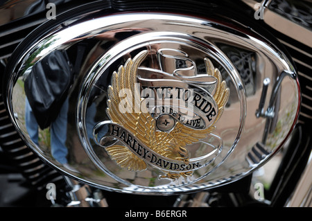 Emblema sul blocco motore di una moto Harley-Davidson Foto Stock