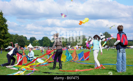 Aquiloni su un kite festival, figli di rilasciare la linea del kite, Germania Foto Stock