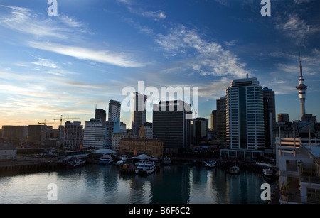 Skyline del quartiere centrale degli affari all'alba, Auckland, Nuova Zelanda visto da Princes Wharf. Foto Stock