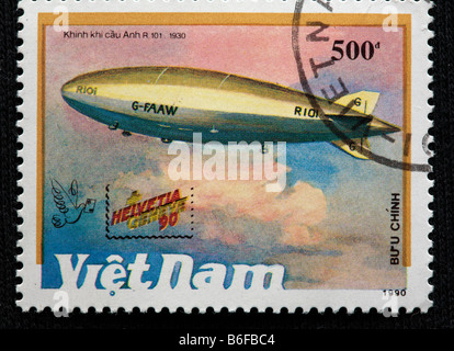 La storia dell'aviazione, dirigibile 'Anh R 101' (1930), francobollo, Vietnam, 1990 Foto Stock