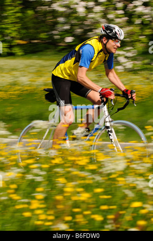 Corridori ciclisti passante riempito di fiori di prati e una fioritura di alberi da frutta vicino Schleching, Chiemgau, Baviera, Germania, Europa Foto Stock