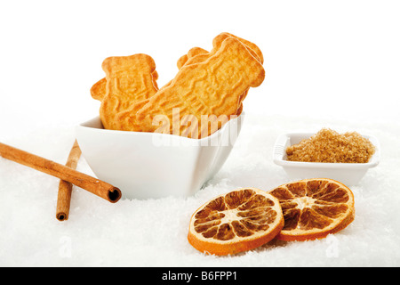 I biscotti speziati con lo zucchero di canna e fettine di arancia in neve artificiale Foto Stock