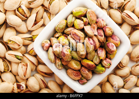 I pistacchi in una ciotola bianco appoggiato su pistacchi Foto Stock