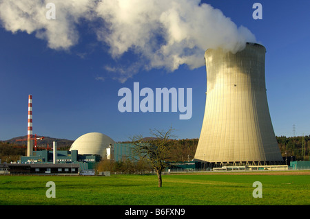 Tiraggio naturale raffreddamento ad umido di tipo iperbolico torre presso la centrale nucleare, Goesgen, Svizzera Foto Stock