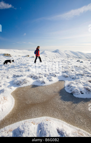 Una donna che cammina sulla Caudale Moor guardando verso il Kentmere Fells sopra Ambleside nel distretto del lago REGNO UNITO Foto Stock