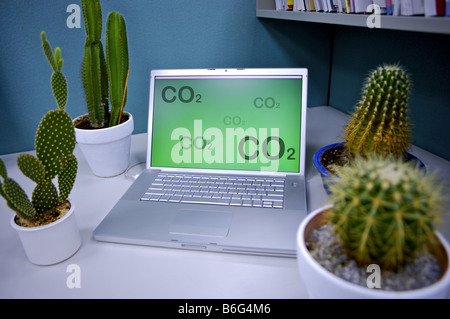 Computer portatile con un CO2 sfondo su un tavolo e cactus che lo circonda Foto Stock