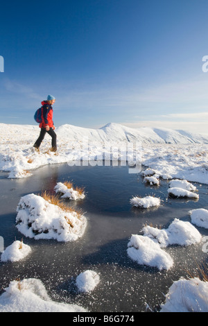 Una donna che cammina sulla Caudale Moor guardando verso il Kentmere Fells sopra Ambleside nel distretto del lago REGNO UNITO Foto Stock