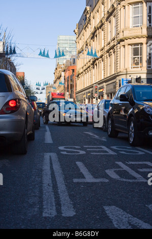 La congestione del traffico su Deansgate Manchester Foto Stock