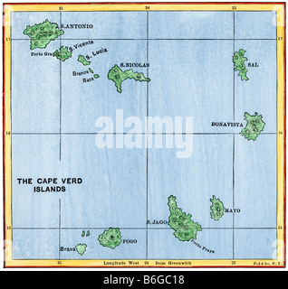 Mappa delle Isole di Capo Verde nell'Atlantico. Colorate a mano la xilografia Foto Stock