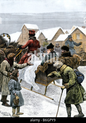 Fame contadini russo di accattonaggio da un facoltoso giovane nella città di Kazan vicino a San Pietroburgo 1890s. Colorate a mano di mezzitoni una illustrazione Foto Stock