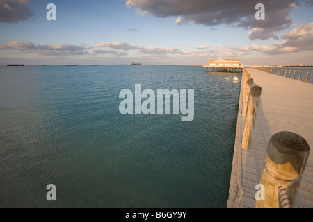 Passerella in legno che conduce a 'waterhomes' modelhouses su palafitte sulla Palm Island Jebel Ali, Dubai. Foto Stock