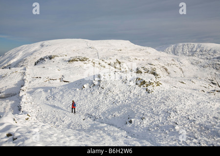 Una donna che cammina sulla Caudale Moor guardando verso sassoso Cove Pike al di sopra di Ambleside nel distretto del lago REGNO UNITO Foto Stock