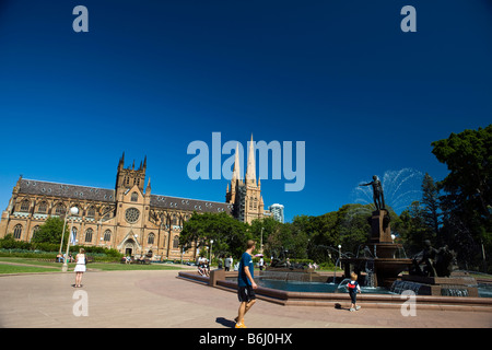 Hyde Park con St Mary s Cathedral Sydney New South Wales AUSTRALIA Foto Stock