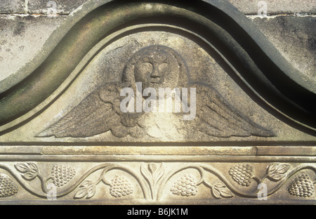 Dettaglio di pietra arenaria in stile georgiano lapide nella calda luce scolpiti con testa disincarnata e le ali di un angelo e ornati di confine di uva Foto Stock