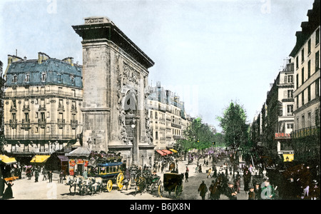 Il traffico della strada intorno a Porte Saint-Denis Parigi circa 1900. Colorate a mano i mezzitoni di una fotografia Foto Stock