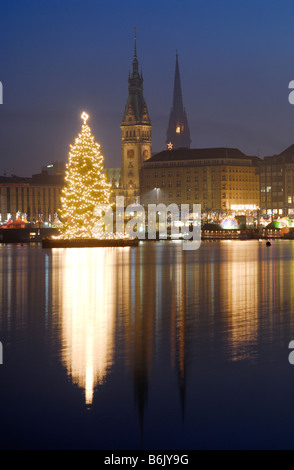 L'abete illuminato tree sul Alster Amburgo, Germania durante il tempo di Natale. Sullo sfondo il municipio di Amburgo. Foto Stock