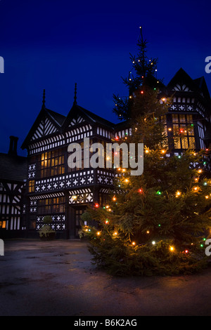 Regno Unito Inghilterra Cheshire bramhall stockport Park Bramall Hall albero di Natale di notte Foto Stock