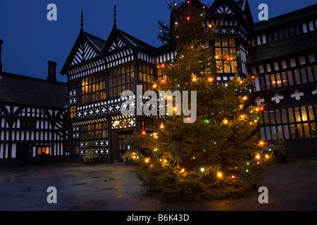 Regno Unito Inghilterra Cheshire bramhall stockport Park Bramall Hall albero di Natale di notte Foto Stock